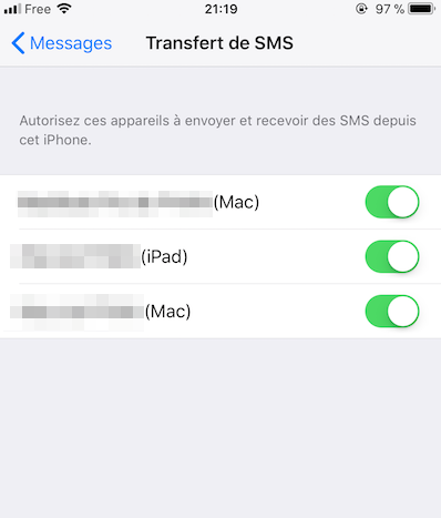 iMessage et SMS-transfert SMS